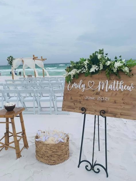 Ceremony set up (sign, bamboo fans with basket, blessing shells, arbor, lanterns in aisle) Wedding Ceremony Beach Decor, Standing Ceremony, Wedding Ceremony Chairs, Bamboo Fan, Dream Beach Wedding, Ceremony Chairs, Bamboo Chair, Wedding Beach Ceremony, Wedding Place Settings