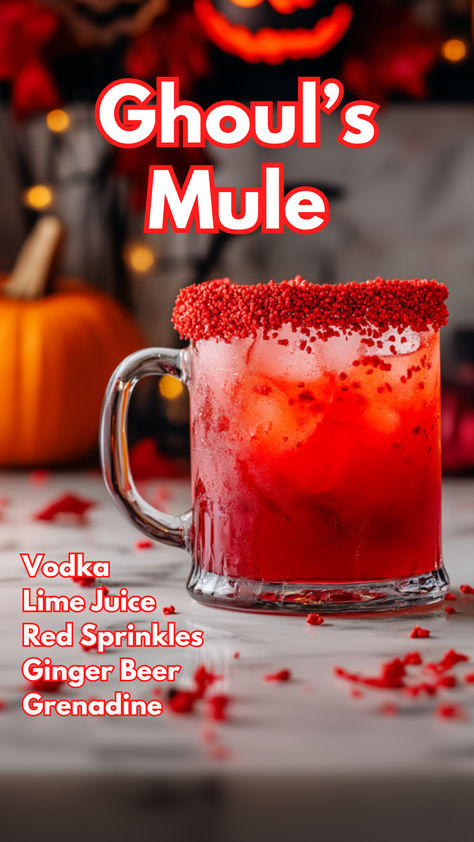 Ghoul’s Mule Blood Red Cocktails, Drink Content Ideas, Red Halloween Cocktails, Fun Halloween Drinks Alcohol, Red Cocktail Drinks, Red Alcoholic Drinks, Halloween Beverages, Grenadine Cocktail, Spooky Cocktails