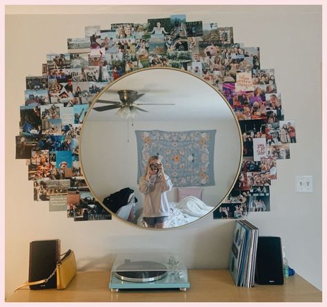 Mirror With Pictures Around It Bedroom, Photo Wall Collage Around Mirror, Mirror Photo Collage, Picture Mirror Wall Collage, Mirror Wall Collage Ideas, Photo Wall Collage With Mirror, Circle Mirror With Pictures Around It, Mirror With Photos Around It, Collage Around Mirror