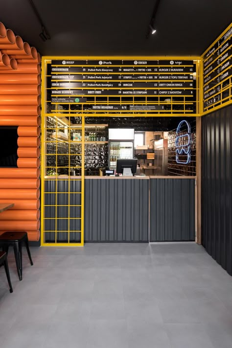 ChiChi 4U - Batorego by mode:lina architekci | Restaurant interiors Small Restaurant Design, Wood Signage, Burger Shop, Modern Restaurant Design, Doner Kebab, Small Restaurant, Burger Restaurant, Design Cafe, Coffee Shops Interior