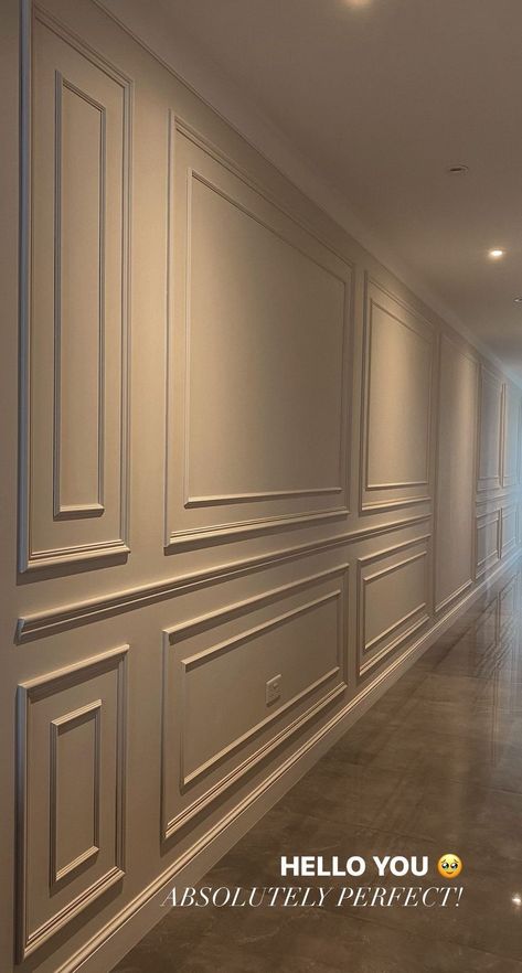 Hallway Square Wall Design, Beige Wall Panelling Living Room, Gold Hallway Ideas, Mdf Wall Panel Ideas Hallway, Wall Paneling Hallway, Wall Molding Hallway, Hallway Panneling Ideas Beige, Corridor Wall Design, Hallway Colours 2024