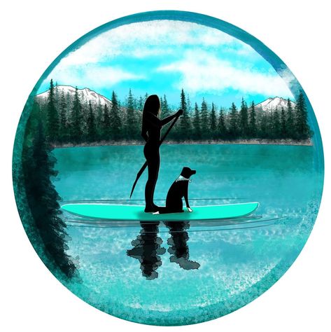 Paddle Boarding Watercolor, Paddle Boarding Tattoos, Paddle Board Stickers, Paddleboard Tattoo, Paddle Board Tattoo, Scenery Tattoo, Road Drawing, Woman With Dog, Lake Watercolor