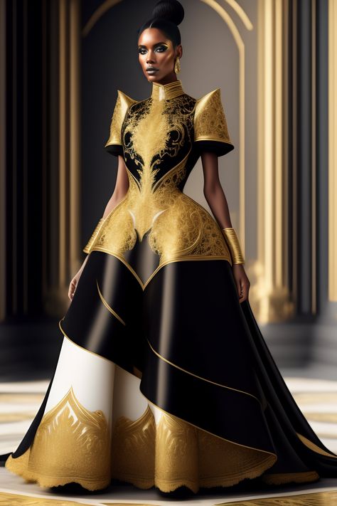 Lexica - A haute couture dress in two color black and gold whit insert in black satin whit insert on top in lace hyper realistic, ultra realistic, 8k... African Couture, Gold And Black Outfits Women, Luxury Fantasy Dress With Historical Design, Black And Gold Fantasy Dress, Black And Gold Dress, Black And Gold Evening Gown Couture Dresses, Luxury Victorian Baroque Costume Dress, White And Gold Gown, Black Gold Gown