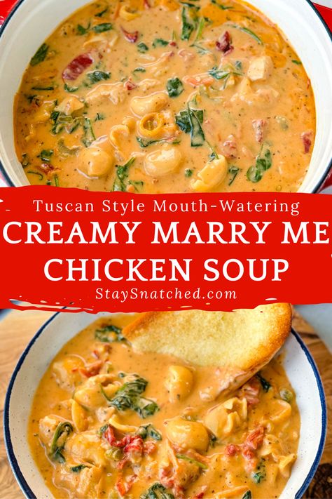 Get ready to fall in love with this Marry Me Tuscan Chicken Soup recipe! This comforting dish brings together tender chicken, hearty vegetables, and a creamy, flavorful cream sauce that's sure to win hearts at the dinner table. Perfect for cozy nights or weeknight dinners, this is a rich and satisfying meal that that promises warmth and deliciousness in every spoonful.rn Soup Best Ever, Best Soups To Can, Marry Me Sausage Soup, Marry Me Chicken Crock Pot Soup, Healthy Soup Recipes Clean Eating Crock Pot, Creamy Marry Me Chicken Soup, Mama Leones Chicken Soup, Mary Me Soup, Simple Delicious Soup Recipes