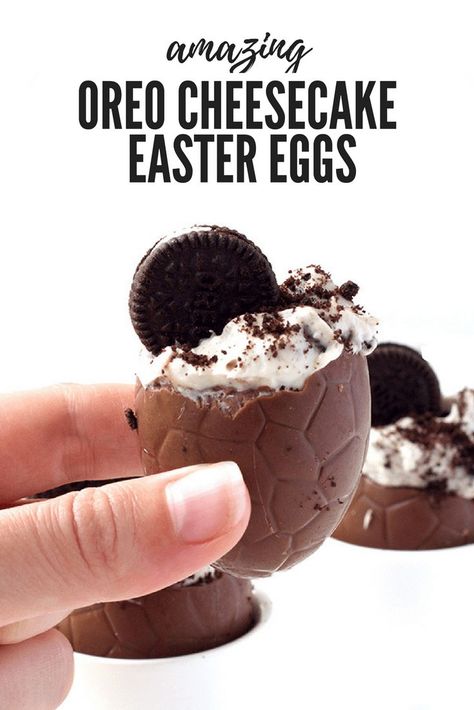 The BEST Easter dessert ever! Chocolate Easter eggs filled with cookies and cream cheesecake and mini Oreos! Recipe from sweetestmenu.com #oreos #cheesecake #chocolate #easter #dessert Creamy Cookies, Easter Egg Dessert, Cheesecake Easter, Filled Easter Eggs, Mini Oreos, Easter Deserts, Easter Egg Filling, Easter Cooking, Easter Food Appetizers