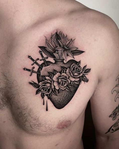 The Immaculate Heart Of Mary Tattoo, Sacred Heart Of Mary Tattoo, Immaculate Heart Tattoo, Scared Heart Tattoo, Immaculate Heart Of Mary Tattoo, Healing Heart Tattoo, Traditional Sacred Heart Tattoo, Tattoos Pulseras, Heart With Wings Tattoo