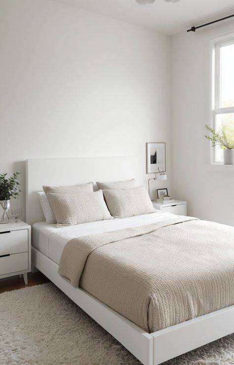 Simple Bedroom Aesthetic, Minimal Bed, White Platform Bed, Decorative Plants, Bed Stand, Geometric Pattern Rug, Neutral Bedding, Patterned Rug, Bed Spread