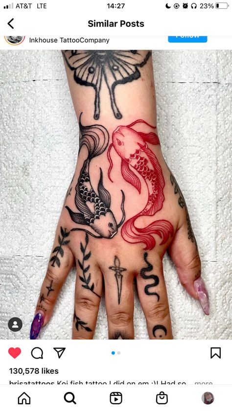 Dragon And Fish Tattoo, Koi Fish Hand Tattoo For Women, Koi Fish Tattoo On Hand, Black And Red Fish Tattoo, Koi Hand Tattoo, Koi Fish Tattoo Hand, Traditional Tattoo Koi Fish, Black And Red Koi Fish Tattoo, Red And Black Koi Fish Tattoo