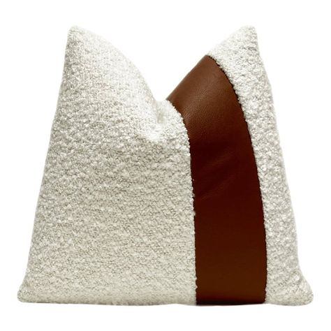 Add texture and style to your space with this beautiful double sided off-white boucle and hazelnut brown faux leather pillow. This high end pillow cover is made of a rich thick boucle fabric and the softest vegan leather. This pillow will add texture and a touch of warmth to your home. All pillow covers are slightly tapered at the corners to prevent doggy pointy ears. When stuffed, the pillow will have a perfect square shape. Made in the USA.  Fabric: Boucle & Faux Leather Stuffing: 95/5 Feather Down Insert Care: Dry Clean Closure: Nylon zipper closure  Made to order  Will ship within 5 business days Accent Pillows Living Room, Leather Throw Pillow, Cut Velvet Pillows, Faux Leather Pillow, Green Velvet Pillow, Leather Throw Pillows, Felt Pillow, Suede Pillows, Pointy Ears