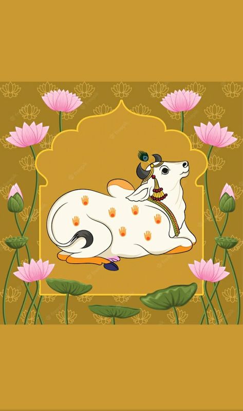 Pichwai Flowers, Kamdhenu Painting, Pichwai Drawing, Indian Art Wallpaper, Pichwai Background, Pichwai Paintings Cows, Simple Cow Drawing, Pichwai Art Paintings, Sage Green Background