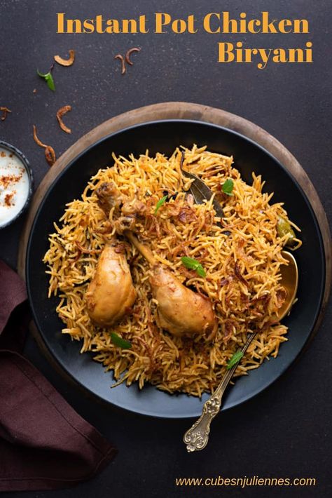 Instant Pot Chicken biryani on black plate with spoon and raita on the side Biryani Rice, Chicken Biryani Recipe, Dum Biryani, Chicken Biryani, Biryani Recipe, Chicken And Rice, Sticky Rice, Instant Pot Pressure Cooker, Instant Pot Chicken