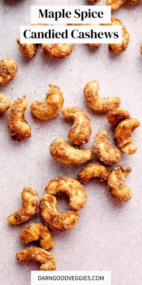 Maple Spice Candied Cashews are sweet, crispy, nutty and perfectly spiced! Made healthier with maple syrup.This recipe is vegan and gluten free. These nuts are great on a Thanksgiving cheese board or pack them up in a jar for the perfect Christmas gift! Maple Roasted Cashews, Vegan Spiced Nuts Recipe, Cashew Seasoning, Maple Syrup Snacks, Vegan Maple Recipes, Cashews Recipes Snacks, Candied Cashews Recipes, Maple Cashews, Sweet Cashews