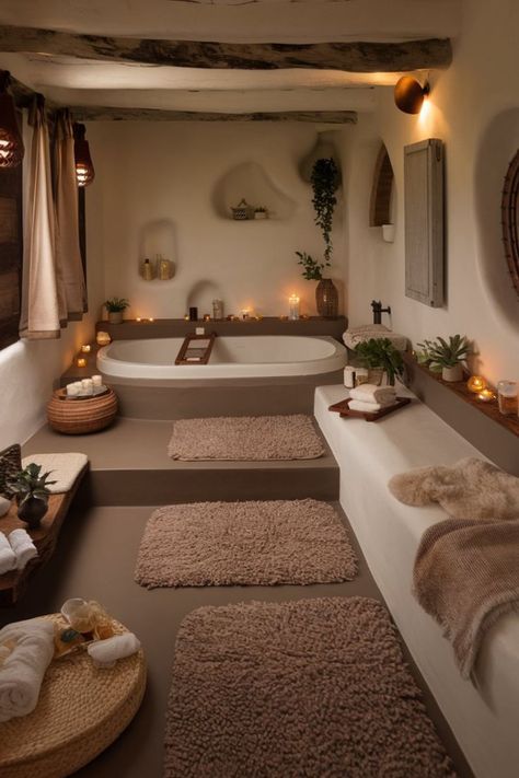 Serene bathroom retreat with a freestanding tub, natural materials, and soft lighting. Warm Bathroom Ideas, Warm Bathroom, Cozy Bathroom, Serene Bathroom, Bathroom Goals, Freestanding Tub, Free Standing Tub, Soft Lighting, Nature Inspired