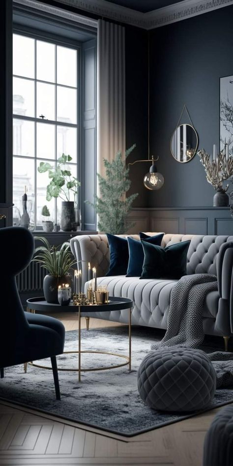 Living Room Designs Modern Luxury Grey And Blue, Blue Living Room Luxury, Classic Moody Living Room, Light Moody Interior Design, Scandinavian Classic Interior, Moody Dark Room, Living Room Ideas Dark Blue, Moody Glam Decor, Modern Classical Living Room