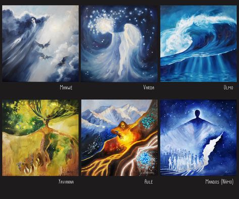 "Valar print set - a customizable bundle of 40x40 cm (approx. 16\"x16\") prints from oil paintings depicting all the Valar from JRR Tolkien's Silmarillion.  These are all original concepts, trying to take a more surreal look at the Valar than usually seen, and presenting them with their respective realms. Have a closer look at the individual images in my external gallery here: https://www.deviantart.com/kuliszu/gallery/76000565/valaquenta Type the Valar you chose into the personalization box.  I Silmarillion Valar, Silmarillion Art, The Valar, Lotr Art, Jrr Tolkien, Giclée Print, Frame Decor, Tolkien, Oil Paintings