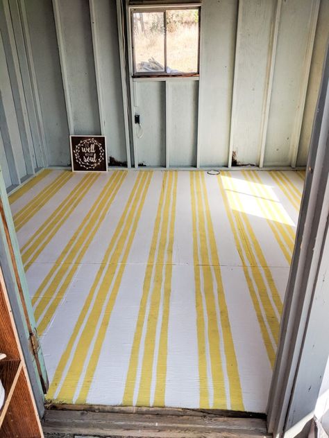 Painted Plywood Striped Floor - The Playhouse - My Happy Simple Living Playhouse Flooring Ideas, Small Playhouse Interior, Playhouse Interior Ideas, Painted Plywood Floors, Diy Painted Floors, Striped Floor, Playhouse Interior, Plywood Floors, Painted Plywood