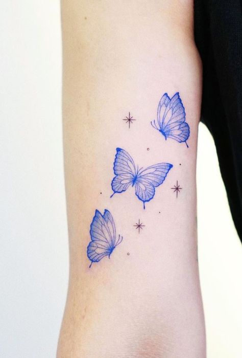 Blue Butterflies Tattoo, Lilac Butterfly Tattoo, Light Butterfly Tattoo, Cute Colourful Tattoos, Four Butterflies Tattoo, Baby Butterfly Tattoo, Light Blue Tattoo Ink, Butterfly Blue Tattoo, Butterfly Tattoo Flying