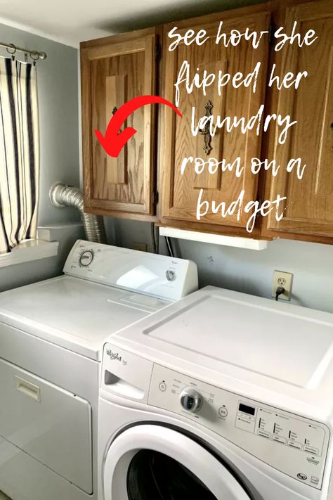 Check out she made her small laundry room more functional with this DIY laundry room upgrade. We love this laundry room makeover on a budget. Cheap Laundry Room Makeover, Laundry Shelving, Small Laundry Closet, Diy Laundry Room Makeover, Laundry Room Paint, Laundry Room Colors, Laundry Makeover, Blue Laundry Rooms, Laundry Room Ideas Small Space