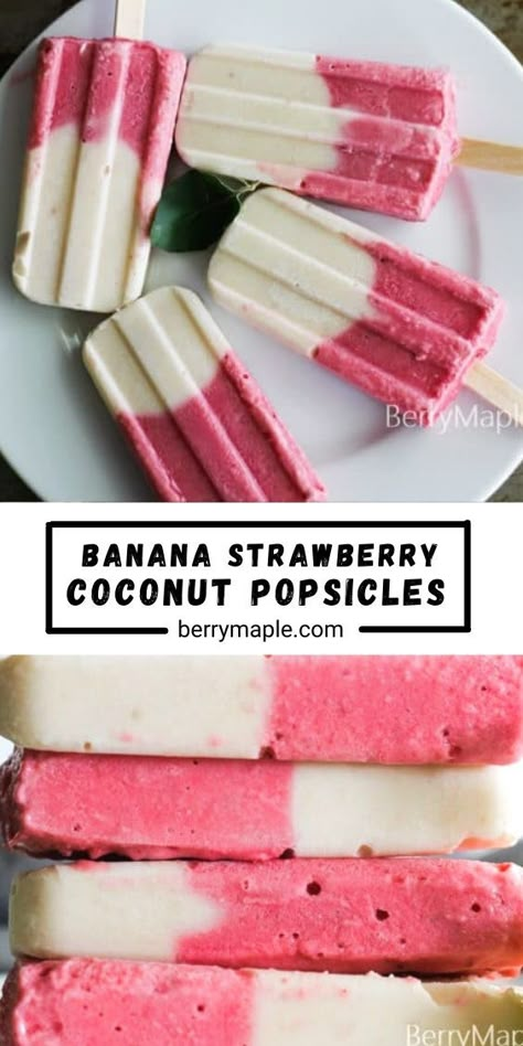 Strawberry Banana Popsicle Recipes, Banana Popsicle Recipes, Popcicles Recipes, Coconut Milk Popsicles, Summer Popsicle Recipes, Homemade Fruit Popsicles, Healthy Popsicle Recipes, Banana Popsicles, Coconut Popsicles