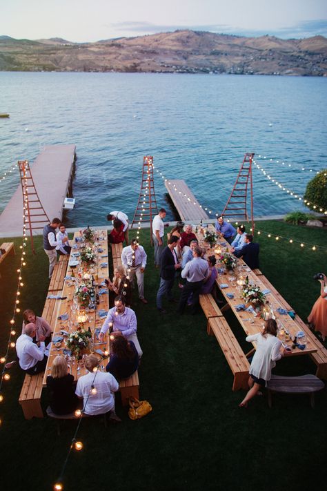 Lake House Wedding, Wedding Backyard Reception, Deco Champetre, Cottage Wedding, String Lights Wedding, Lakeside Wedding, Lake Wedding, Wedding Planners, Rehearsal Dinners