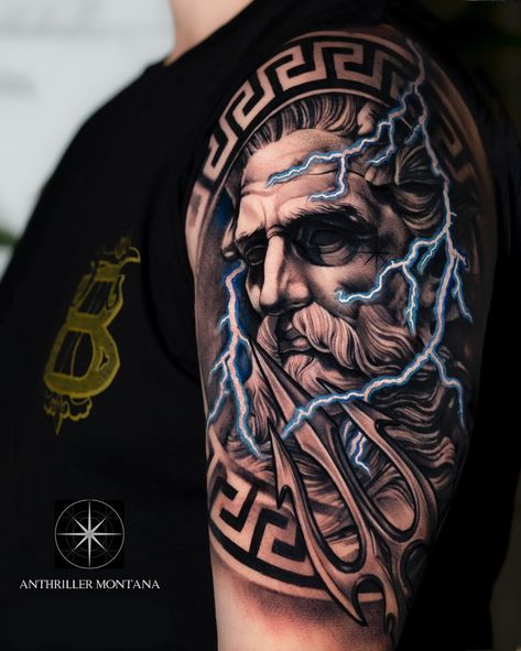 Greek God Tattoo, Poseidon Tattoo, Lightning Tattoo, Zeus Tattoo, Spartan Tattoo, Greek Mythology Tattoos, Mythology Tattoos, Geniale Tattoos, Medusa Tattoo