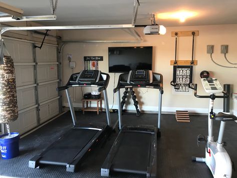 Garage Treadmill Space, Treadmill In Garage, Single Car Garage Gym, One Car Garage Gym, Running Machines, Three Car Garage, No More Excuses, Gym Ideas, Garage Gym