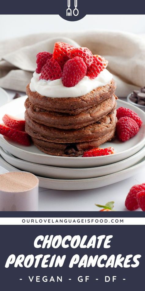 These chocolate protein pancakes are the absolute best! This recipe makes fluffy pancakes that are healthy, filling, and delicious! Recipe is vegan, gluten free, and dairy free. #proteinpancakes #pancakes #chocolatepancakes