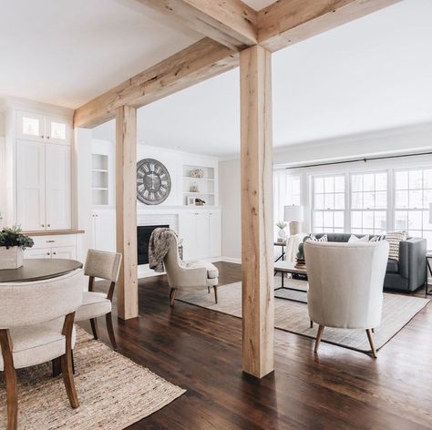 Breakfast Nook Furniture, Nook Furniture, Beams Living Room, Schoolhouse Electric, Interior Columns, Wood Columns, Wood Mantels, Wooden Beams, Inspiring Spaces