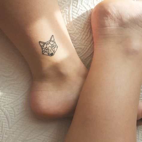 Geometric wolf tattoo Wolf Tattoo On Ankle, Geometric Wolf Tattoo For Women, Tatoos Small Wolf, Simplistic Wolf Tattoo, Cute Wolf Tattoo For Women, Tiny Wolf Tattoo Simple, Wolf Simple Tattoo, Minimalistic Wolf Tattoo, Small Wolf Tattoo For Women Simple