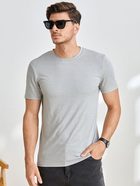 Light Grey Basics  Short Sleeve Polyester Plain  Embellished Slight Stretch  Men Tops Grey Tshirt, Shein Men, Tshirt Men, Round Neck Tees, Men Tops, Gray Tshirt, Mens Tees, White Undershirt, Light Grey