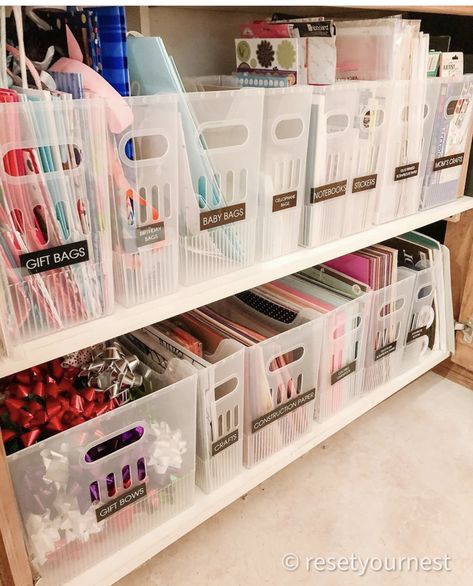 Wrapping Storage Ideas, Gift Bag Organizer Storage Ideas, Wrapping Paper Station In Laundry Room, Gift Box Storage, Storage Area Organization, Small Craft Storage Ideas, Gift Wrap Station Ideas, Office Organization Ideas For The Home, Basement Closet Organization Ideas