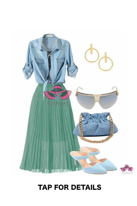 Maxi pleated skirt outfit! styled with denim shirt light blue mules and blue shoulder bag! Outfit created with Fashiers app! visit fashiers.com! #pleatedskirt #denimshirt #hoops #hoopearrings #ootdpost #outfitinspiration Blue Shoulder Bag Outfit, Maxi Pleated Skirt Outfit, Blue Pleated Skirt Outfit, Blue Bag Outfit, Blue Mules, Maxi Pleated Skirt, Blue Skirt Outfits, Shoulder Bag Outfit, Light Blue Skirts