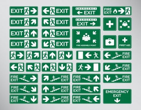 Green Emergency Exit Signs, Icon and Symbol Set Template Design Premium Vector Exit Sign Design, Safety Signs And Symbols, Regulatory Signs, Safety Signage, Emergency Exit Signs, Signage Wayfinding, Invoice Template Word, Index Design, Icon Template