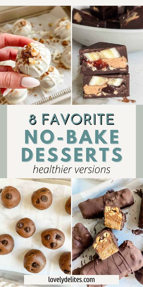 Check out these 8 No-Bake Healthy Desserts to make at home. No-bake desserts are easy to make and offer a healthier alternative to classic baked sweets. Great for snacks, desserts and so delicious. Healthy ingredients and great flavors. Paleo Desserts Easy 3 Ingredients, Healthy Sweet Snacks No Bake, Deserts Recipes Without Butter, Dessert Recipes No Eggs, Not Too Sweet Dessert, Sweet Party Snacks, Healthy Quick Desserts, Clean Dessert Recipes, No Bake Healthy Desserts