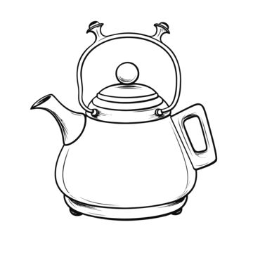 Kettle Drawing, Tea Drawing, White Kettle, Wing Drawing, Stovetop Kettle, Black Drawing, White Tableware, Drawing Png, Outline Art