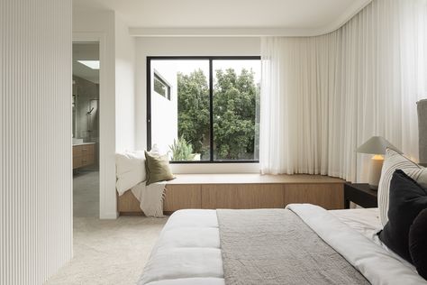 Guyra Residences | Bedroom | Sheer Curtains | Allusion Snow Curved Ceiling Design, Window Seat Curtains, Curved Curtain, Curved Ceiling, Curtain Tracks, Sheer Blinds, Bay Window Curtains, Blinds And Curtains, Bed Interior