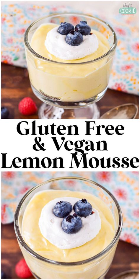 This creamy and airy vegan lemon mousse is made with simple ingredients and does not need tofu or agar! This bright tasting dessert is elegant enough for a spring party, but it's great any time of year as well! | thefitcookie.com Dairy Free Lemon Cheesecake, Vegan Lemon Custard, Vegan Mousse Recipes, Vegan Lemon Posset, Vegan Lemon Mousse, Vegan Lemon Pie, Vegan Lemon Desserts, Agar Agar Recipe, Wfpb Dessert