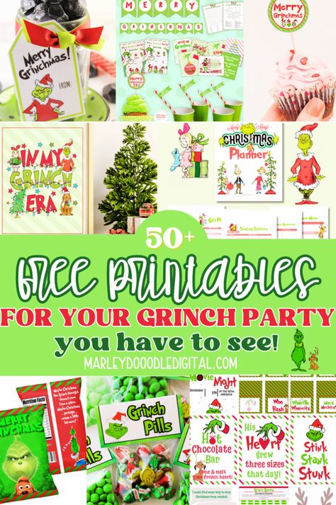 Deck the halls with 50+ free Grinch printables! From printable banners and party invitations to fun Grinch games and bag toppers, this collection will help you throw the best Grinch-themed Christmas party. Grinch Christmas Table Setting, Grinch Jepordy Game, Grinch Birthday Party Activities, Christmas Grinch Themes Ideas, Grinch Christmas Printables, Grinch Banner Free Printable, Grinch Party Printables Free, Grinch Xmas Party, Grinch Scavenger Hunt Free Printable