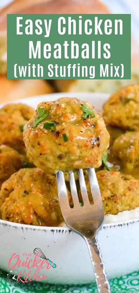 Easy chicken meatballs with stuffing mix need only 4 ingredients and well under an hour to put together! The result is a delicious and versatile version of Stove Top stuffing meatballs that you can serve as a hearty main dish any night. Visit thequickerkitchen.com and save this family friendly recipe today! Leftover Chicken And Stove Top Stuffing, Dinner Ideas With Stove Top Stuffing, Turkey Meatballs With Stove Top Stuffing, Canned Chicken Meatballs, Meatballs Made With Stove Top Stuffing, Chicken Stuffing Balls Recipe, Chicken Meatloaf With Stove Top Stuffing, Ground Turkey Stuffing Meatballs, Easy Ground Chicken Meatballs