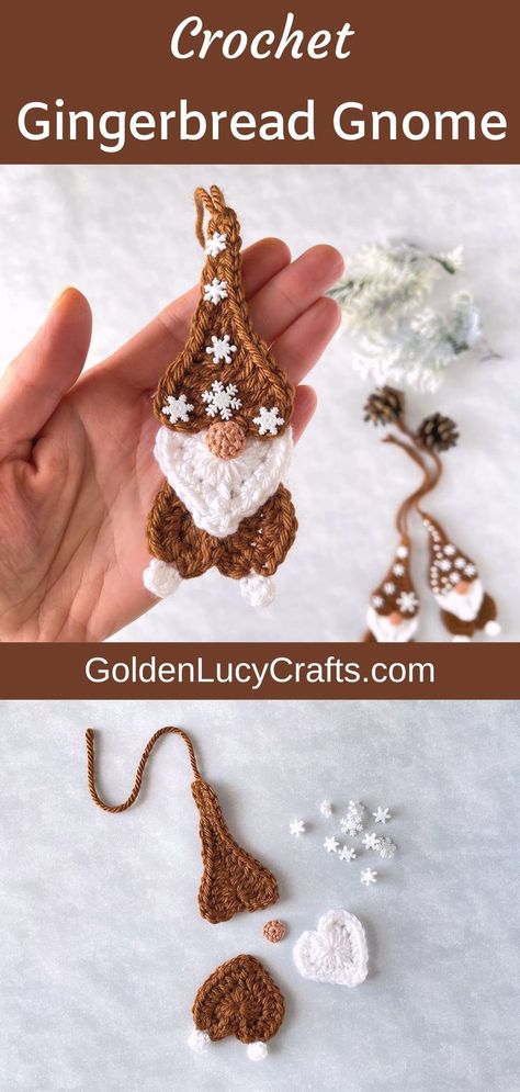 Crocheted gingerbread gnome made from hearts and embellished with snowflake buttons. Crochet Gnome Coaster, Crochet Gnome Applique Pattern Free, Crochet Christmas Appliques, Christmas Crochet Applique, Gingerbread Crochet, Gingerbread Gnome, Crochet Advent Calendar, Christmas Applique Patterns, Gingerbread Heart