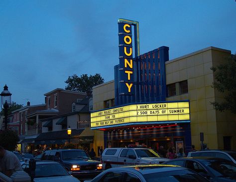 The County Theater in Doylestown, Pennsylvania. Built in 1938 and recently renovated Classic Movie Theaters, Cinema Movie Theater, Doylestown Pennsylvania, Vintage Movie Theater, Doylestown Pa, Cinema Architecture, Movie Marquee, Vintage Theatre, Bucks County Pa