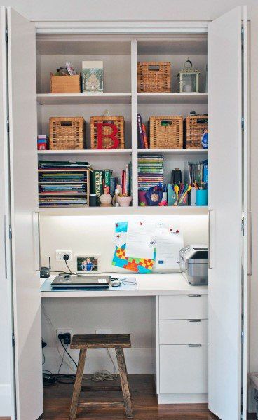 Top 40 Best Closet Office Ideas - Small Work Space Designs Closet Desk, Home Office Closet, An Organized Home, Small Workspace, Office Cupboards, Closet Office, Cozy Home Office, Contemporary Home Office, Office Nook