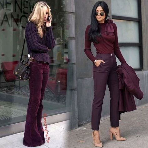 fall outfits beautiful stylle fashion Outfits With Plum Pants, Plum Top Outfit, Wine Pants Outfit, Wine Colored Pants Outfit, Shein Winter Outfits, Burgundy Pants Outfit, Blouse Outfit Work, Colored Pants Outfits, Winter Business Outfits