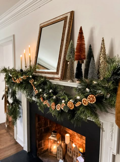 Lush and Rust Christmas Mantel - Nest of Posies Cottagecore Christmas Wreath, Earthy Holiday Decor, Mantelpiece Christmas Decoration, Decorate Inside Fireplace For Christmas, Woodland Christmas Mantle, Rust Colored Christmas Decor, Natural Garland Christmas, Decor Inside Fireplace, Rustic Christmas Mantels