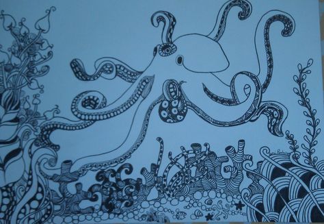 Zentangle Octopus underwater seen Ocean Zentangle, Underwater Doodle Art, Underwater Ink Drawing, Coral Reef Zentangle, Underwater Zentangle, Underwater Plants, Octopus, Great Wave, Tangled