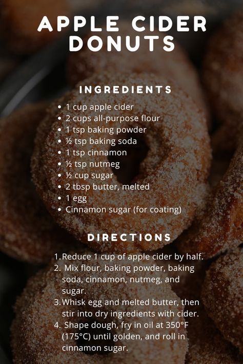 Soft, flavorful donuts infused with apple cider and coated in cinnamon sugar, perfect for fall. #AppleCiderDonuts #FallDesserts #CinnamonSugar Homemade Apple Cider Donuts Recipe, Apple Cider Doughnut Recipe, Healthy Donuts Recipe, Cider Donuts Recipe, Apple Cider Donuts Recipe, Cinnamon Donuts, Baked Donut Recipes, Homemade Apple Cider, Donuts Recipe