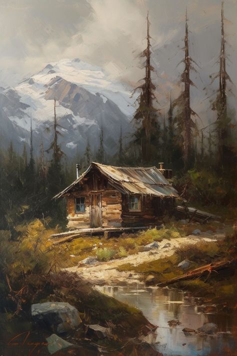 Cabin Oil Paintings, Cabin In The Woods Painting, Woods Painting, Barn Pictures, Barn Painting, Scenery Paintings, Landscape Photography Nature, Landscape Art Painting, Pretty Landscapes