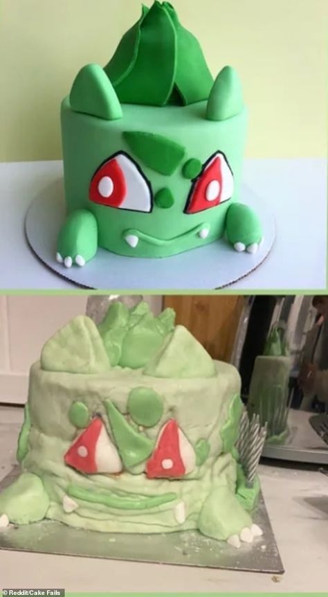 Not there yet! This baker wanted to create a stunning cake of Bulbasaur (pictured top) from the Pokemon game, but struggled to make it look as good (pictured bottom) Pokemon Cake Bulbasaur, Mewtwo Cake Pokemon, Bulbasaur Cake Ideas, Pokemon Birthday Cake Boys, Bulbasaur Cake, Tort Pokemon, Bulbasaur Birthday, Pokemon Cake Ideas, Charmander Cake