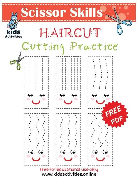 Haircut Scissor Skills Worksheets, Free Printable ⋆ Kids Activities Haircut Preschool Activities, Hair Dressing Activities For Preschool, Using Scissors Activities, First Grade Scissor Practice, Scissor Practice Activities, Learn To Use Scissors, Scissor Skills Kindergarten, Kindergarten Scissor Activities, Printables For Preschoolers Free