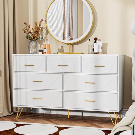 White And Gold Bedroom Decor Ideas, Chest Drawer Decor Ideas Bedroom, Gold Bedroom Furniture, White And Gold Dresser, Girl Bed, Gold Dresser, Bedroom Stuff, Black Dressers, Dresser For Bedroom